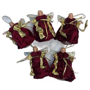 Christmas Ornaments Angels Lot of 5 Red‎ Velvet Gowns Free Standing Hanging